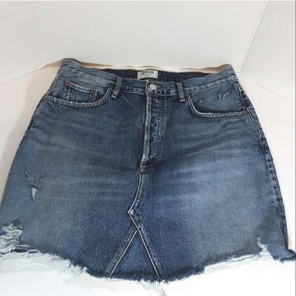 AGOLDE Quinn Denim Mini Skirt Sz 30 High Waist Distressed Raw Hem Jean Skirt - Picture 2 of 7